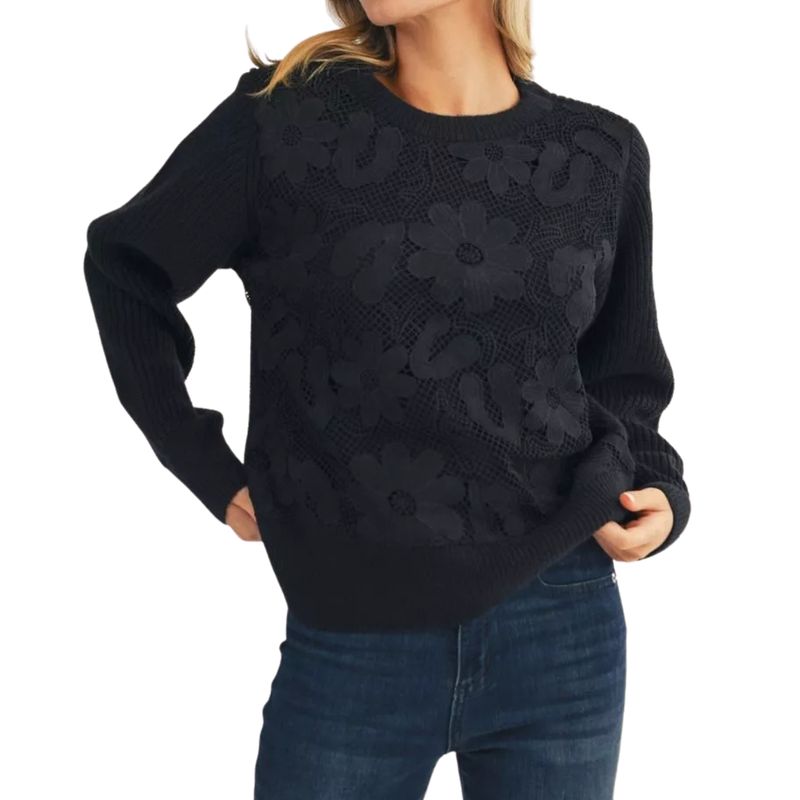Black Floral Textured Knit Sweater