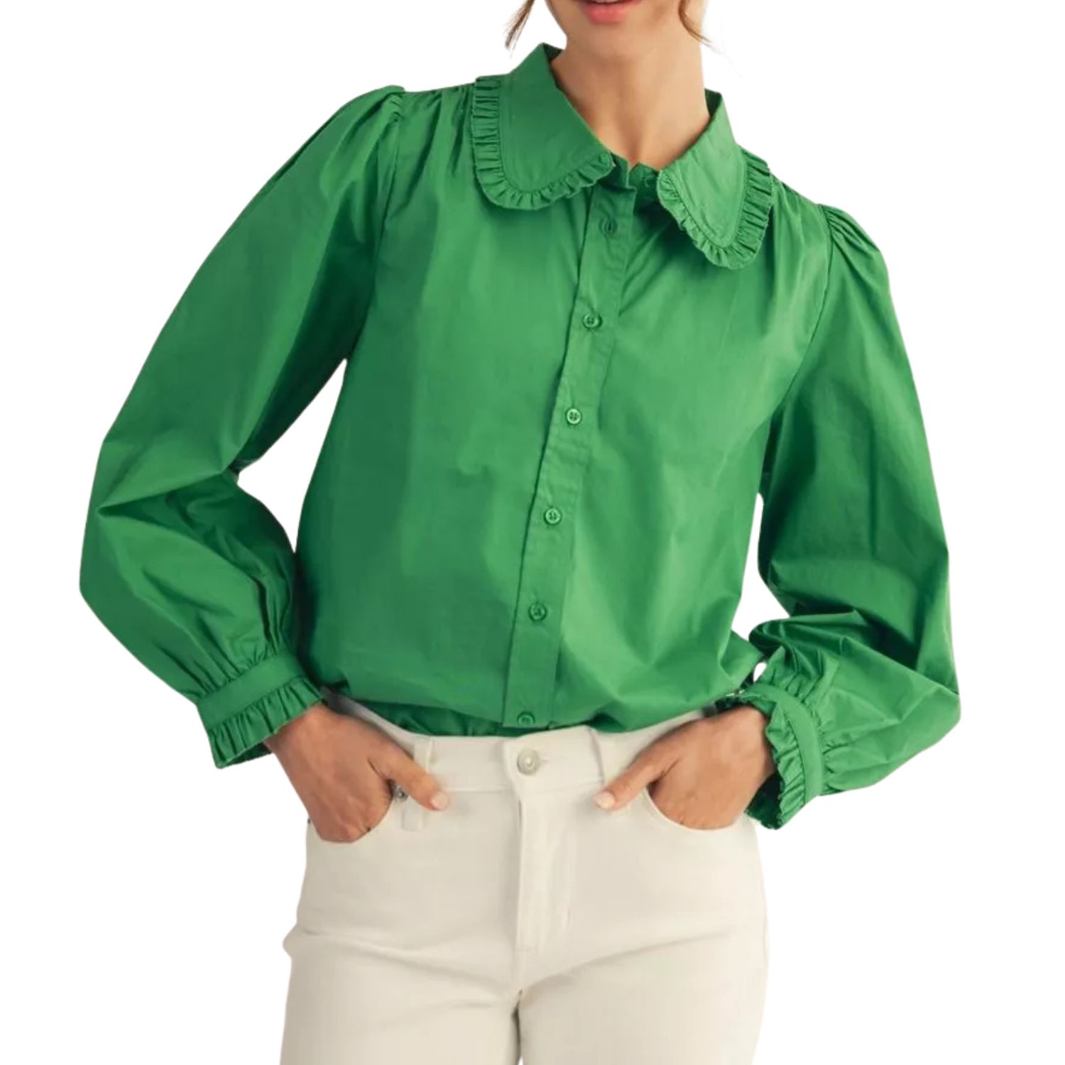 Green Ruffle Collar Button Front Blouse