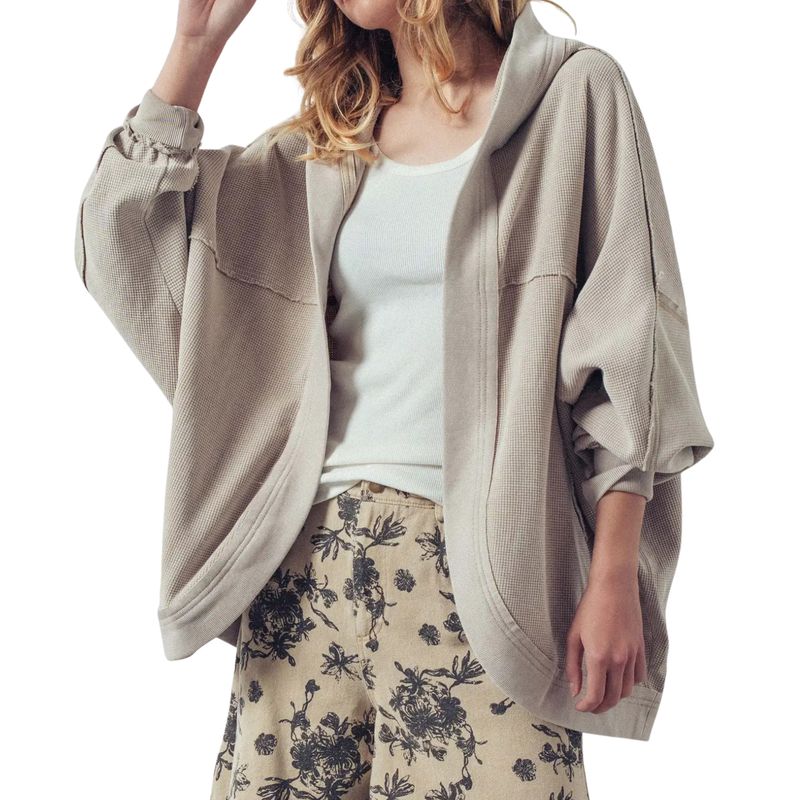 Washed Waffle Knit Hooded Cardigan