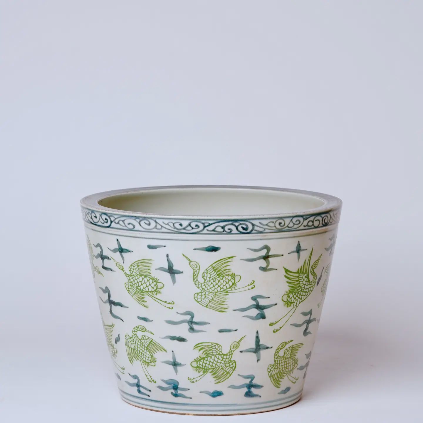 Green and Blue Cranes and Clouds Porcelain Planter
