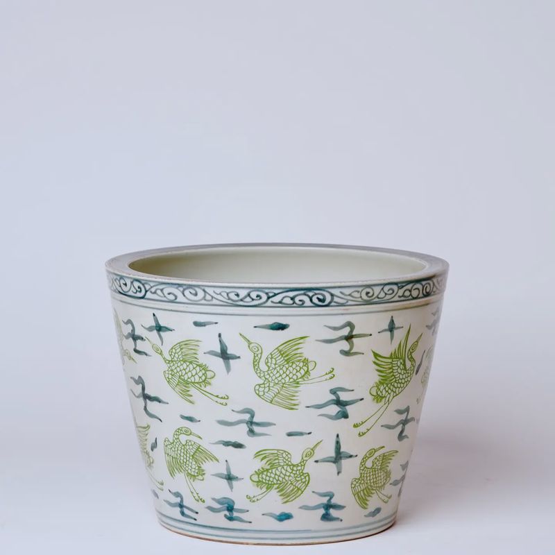 Green and Blue Cranes and Clouds Porcelain Planter