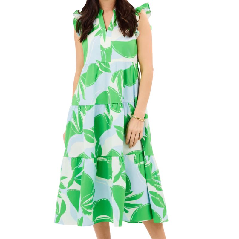 Green &amp; Blue Leaf Print Midi Dress