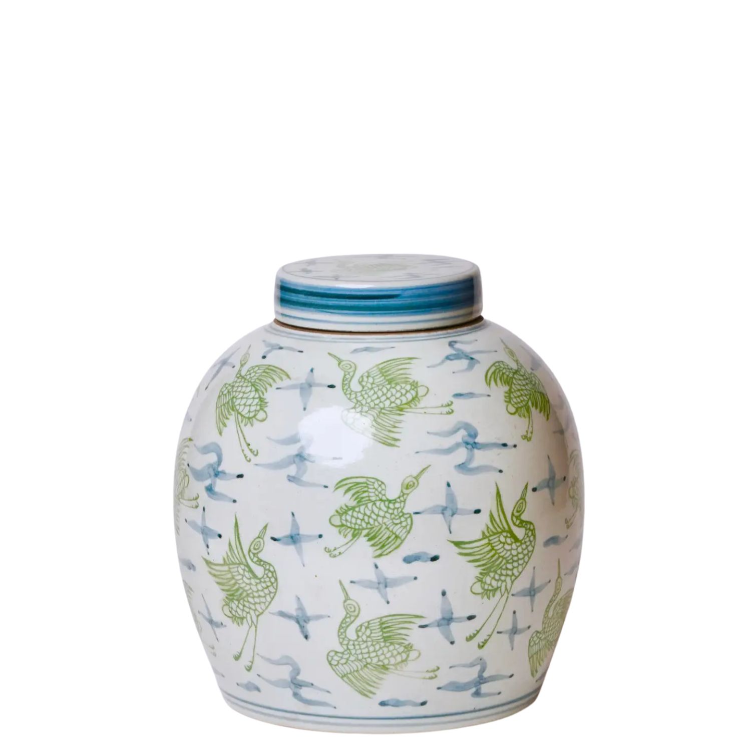 Blue and Green Porcelain Cranes and Clouds Round Storage Jar