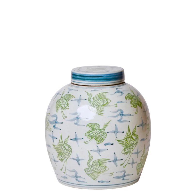 Blue and Green Porcelain Cranes and Clouds Round Storage Jar