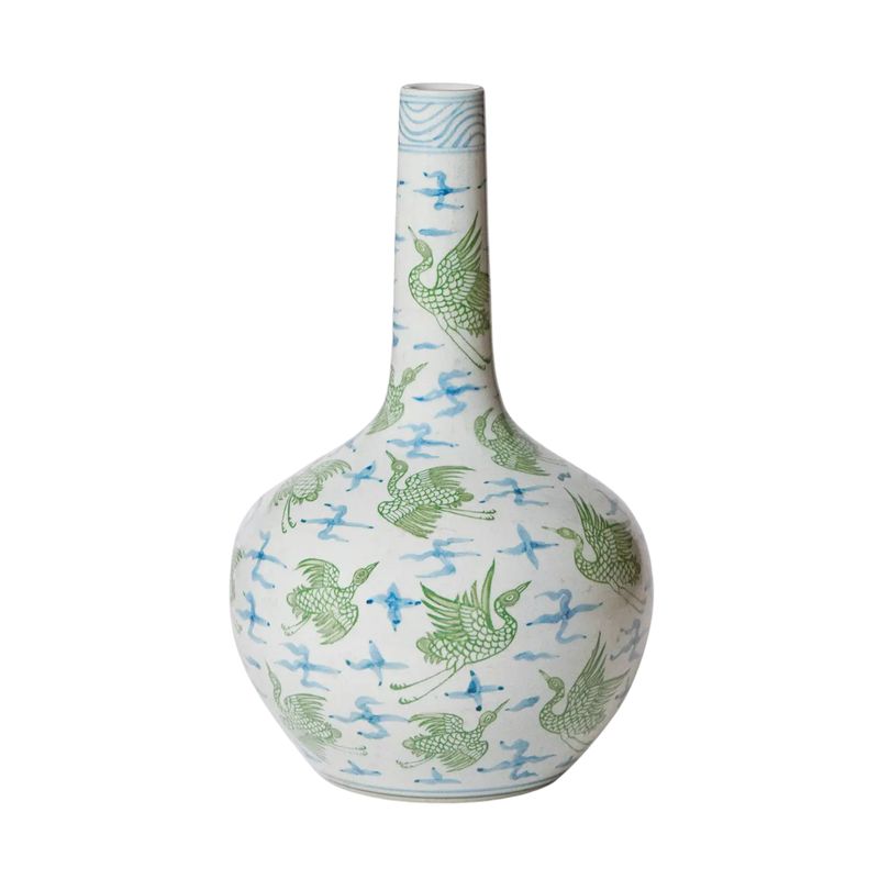 Green and Blue Porcelain Cranes and Clouds Globe Vase