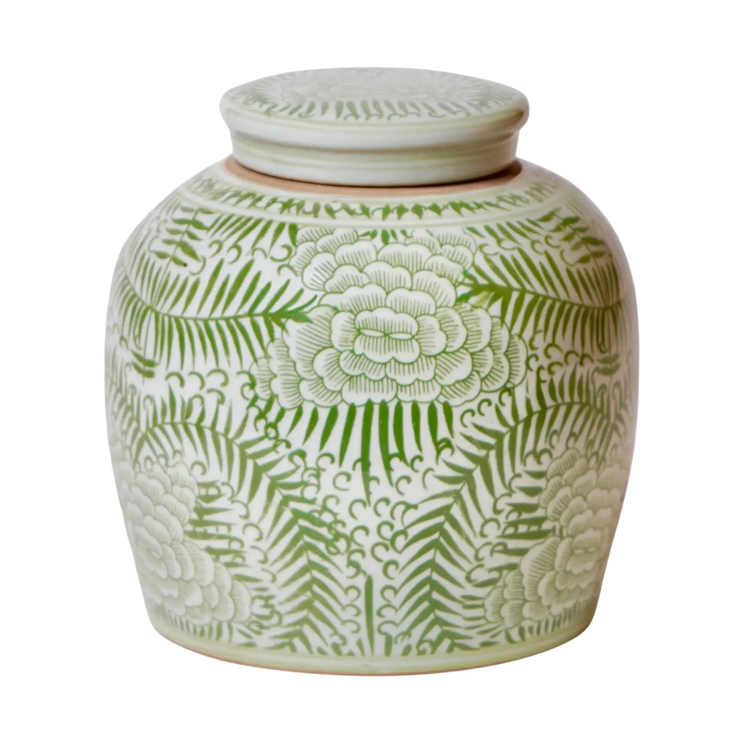 Rustic Peony Green and White Porcelain Jar