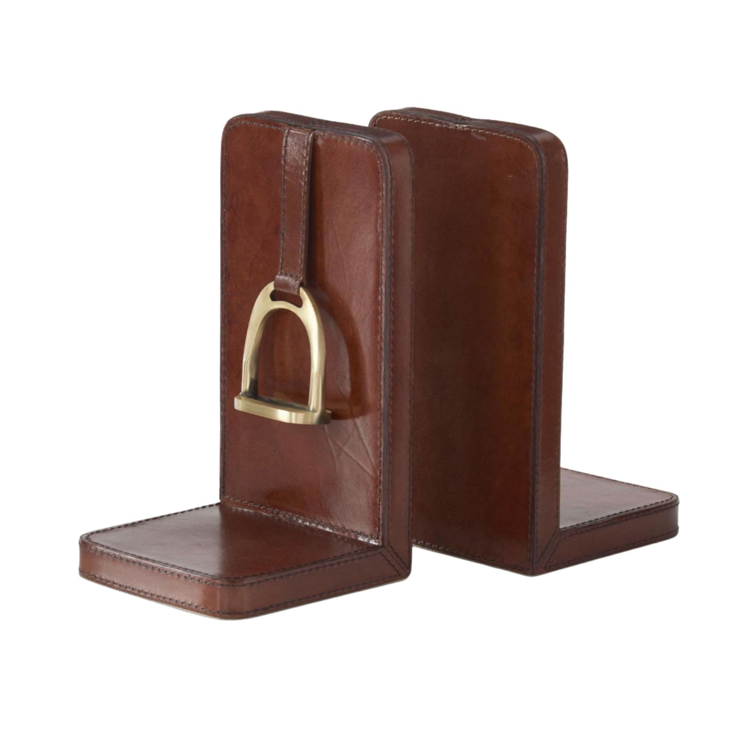 Brown Leather Stirrup Detail Bookends – Set of 2