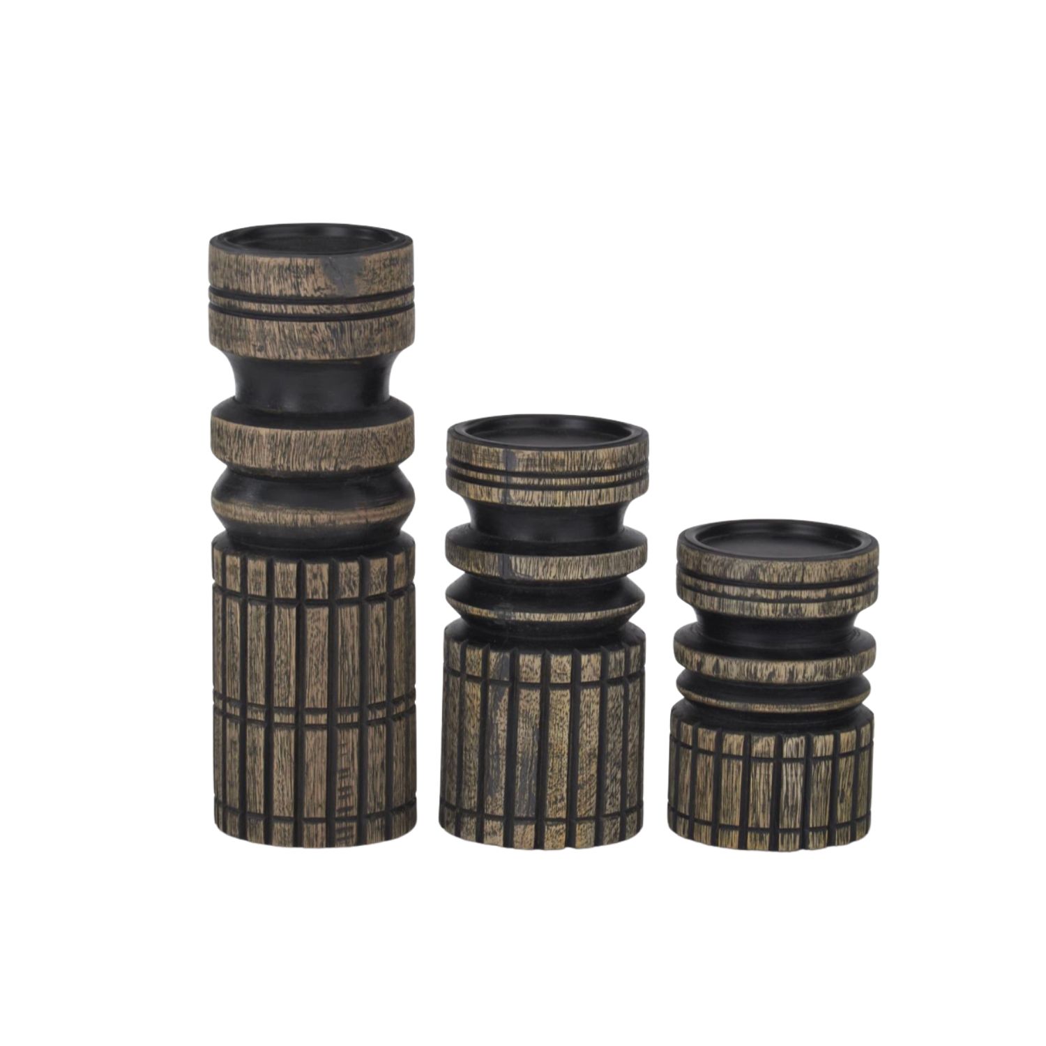 Black &amp; Natural Carved Wood Candle Holder -3 Sizes