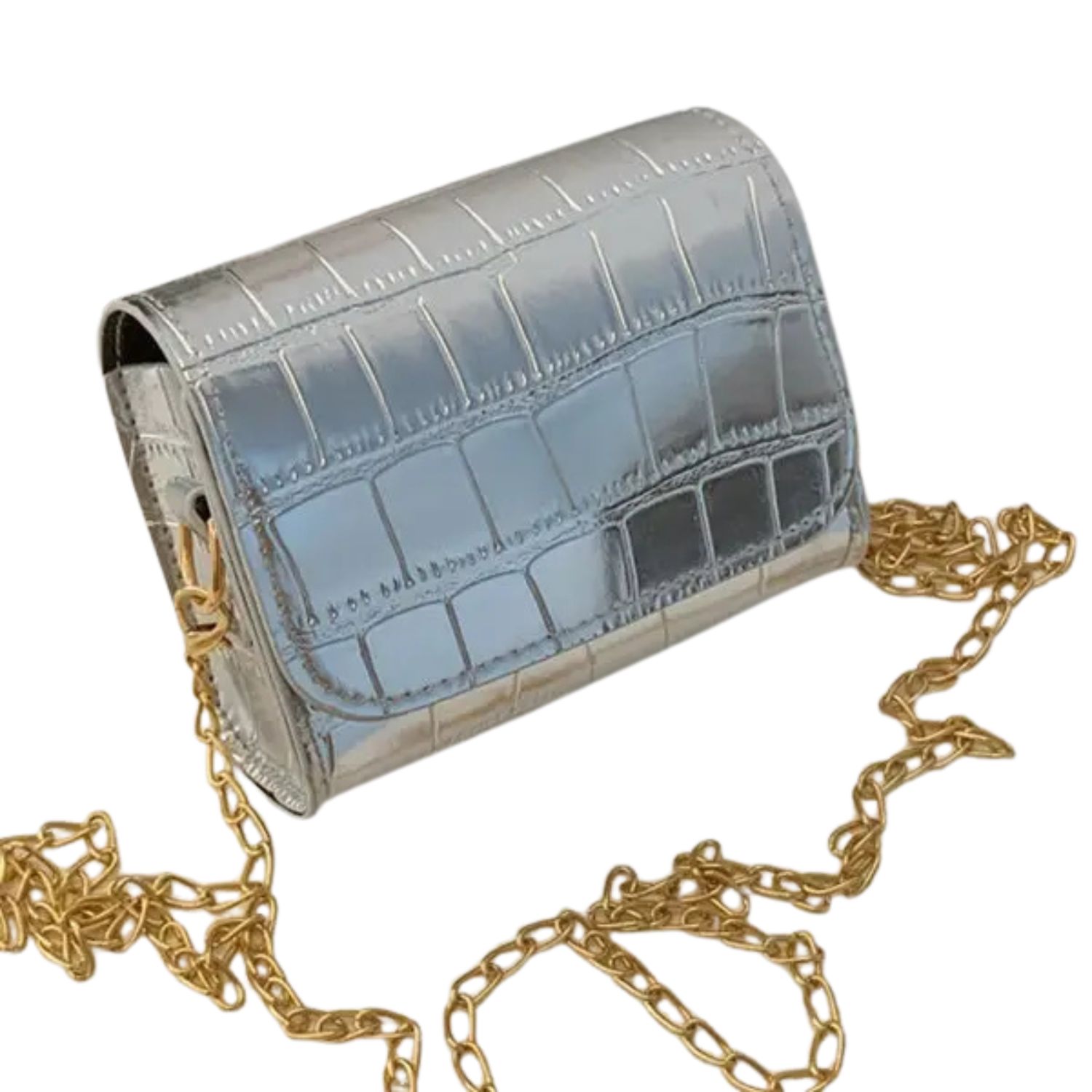 Metallic Silver Croc Embossed Mini Crossbody Bag