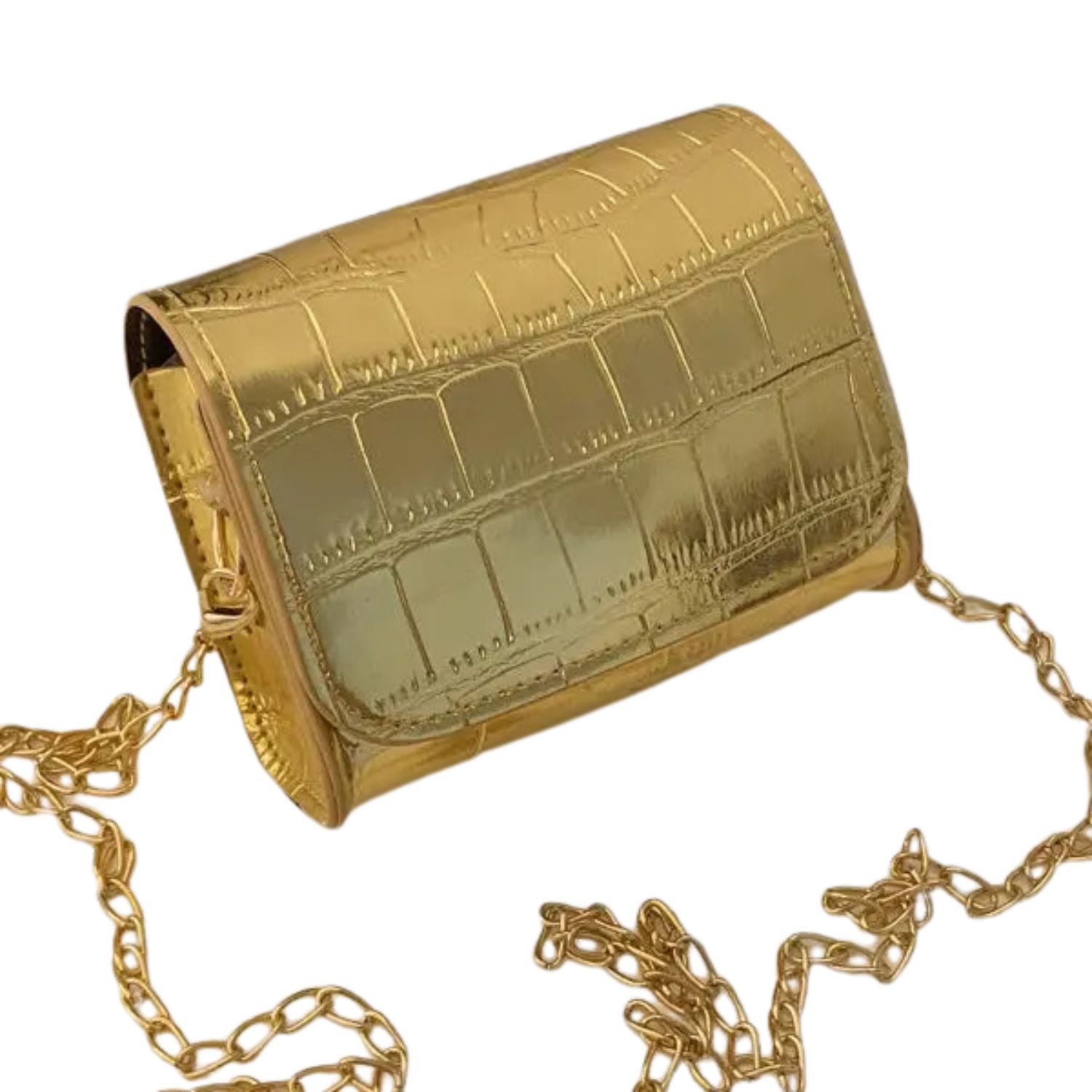 Metallic Gold Croc Embossed Mini Crossbody Bag