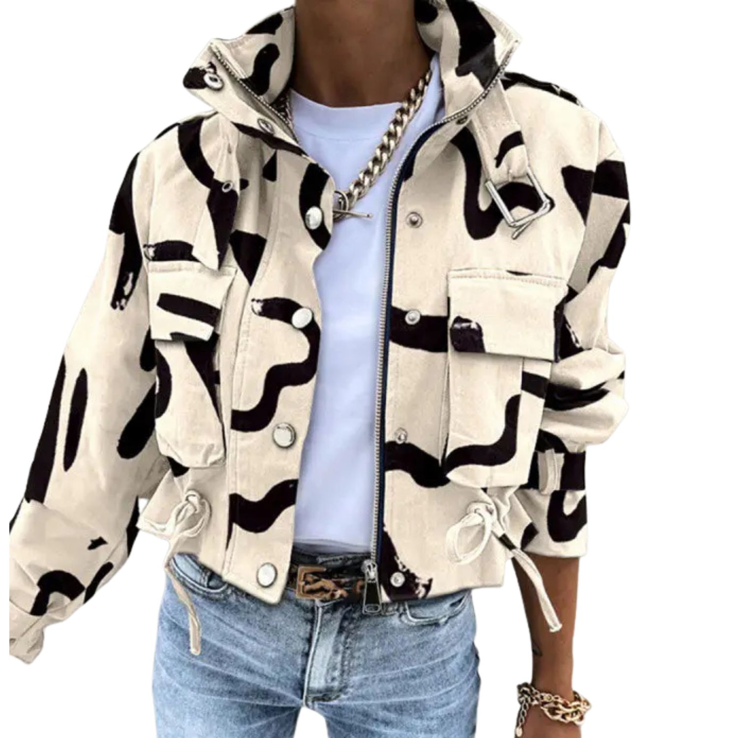 Abstract Print Utility Jacket with Drawstring Waist