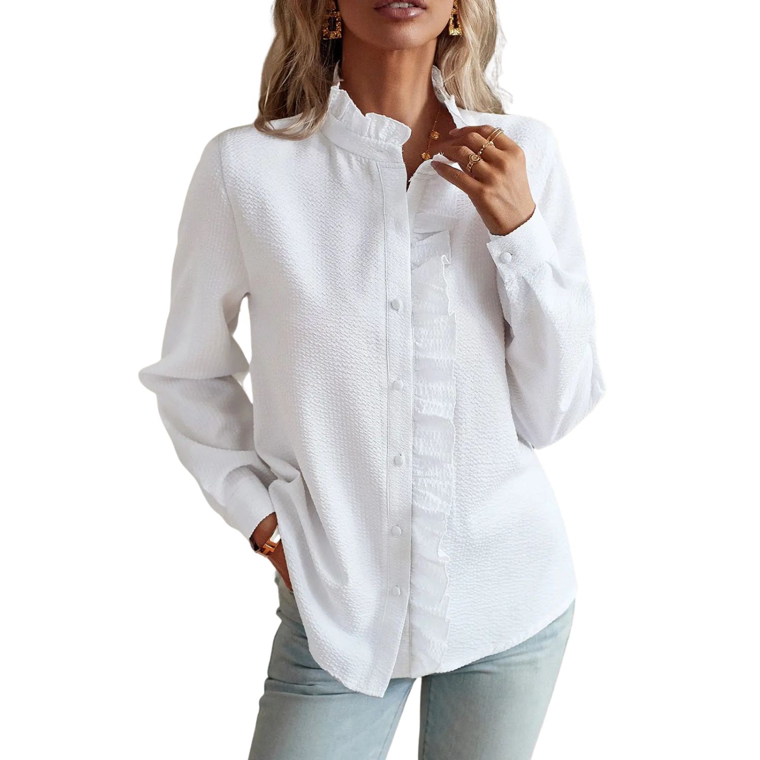 Elegant Lace Detail Button-Up Blouse – White