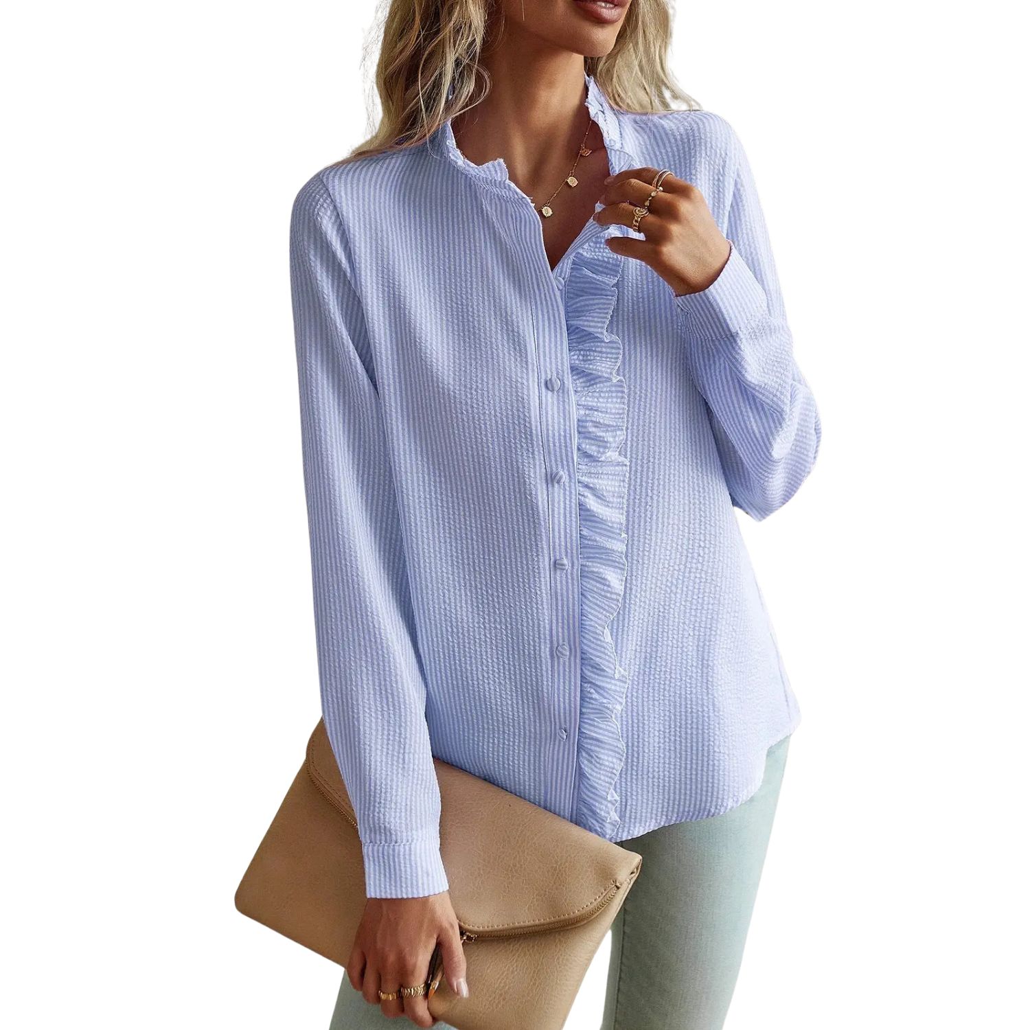 Elegant Lace Detail Button-Up Blouse – Light Blue
