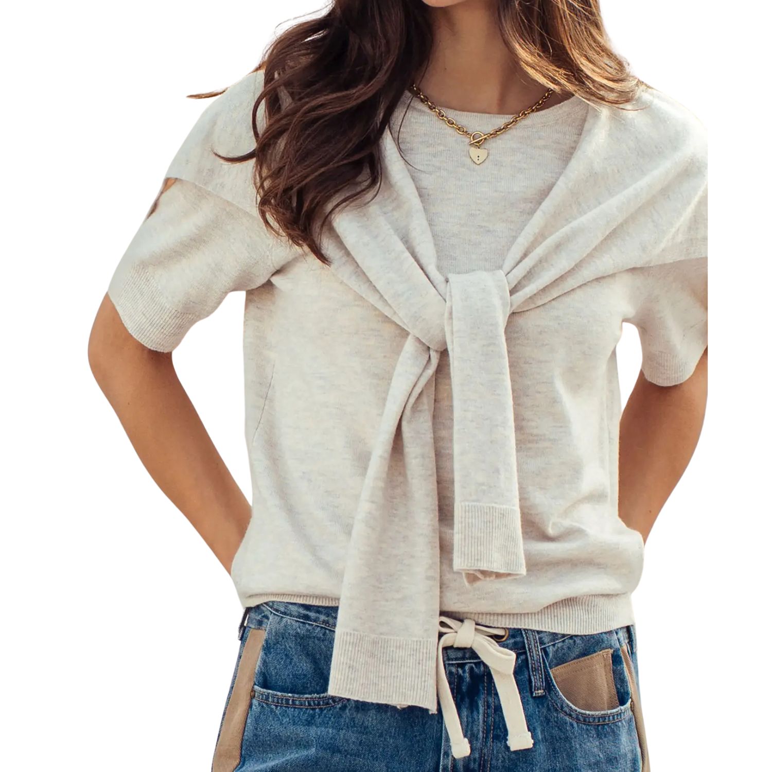 Faux Layered Tie-Front Knit Top – Cream