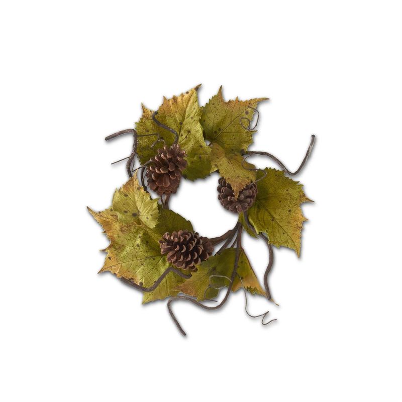 12" Green &amp; Orange Trim Grape Leaves Candle Ring w/Twig &amp; Pine