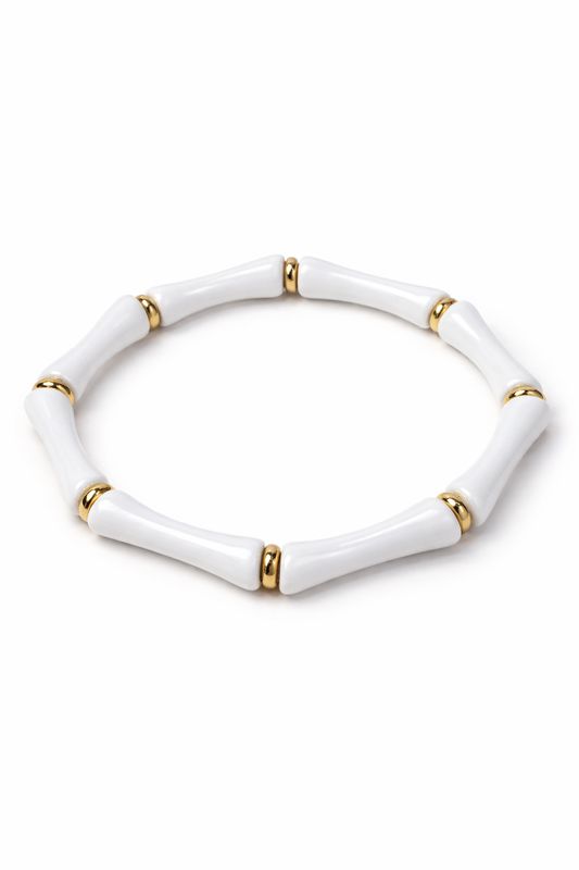 White Beaded Stretch Bracelet with Gold Accents