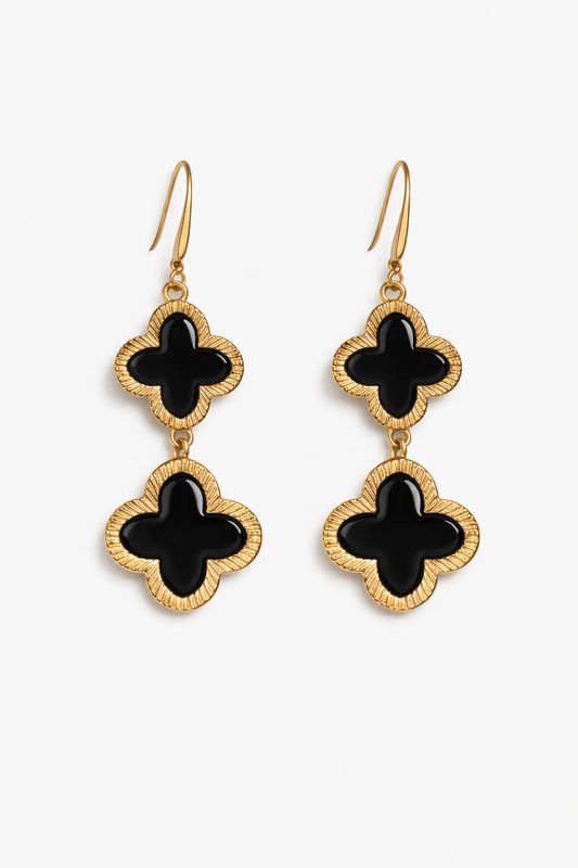 Gold Quatrefoil Drop Earrings – Black