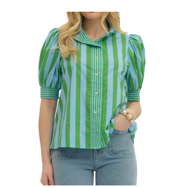 Green &amp; Blue Stripe Puff Sleeve Blouse