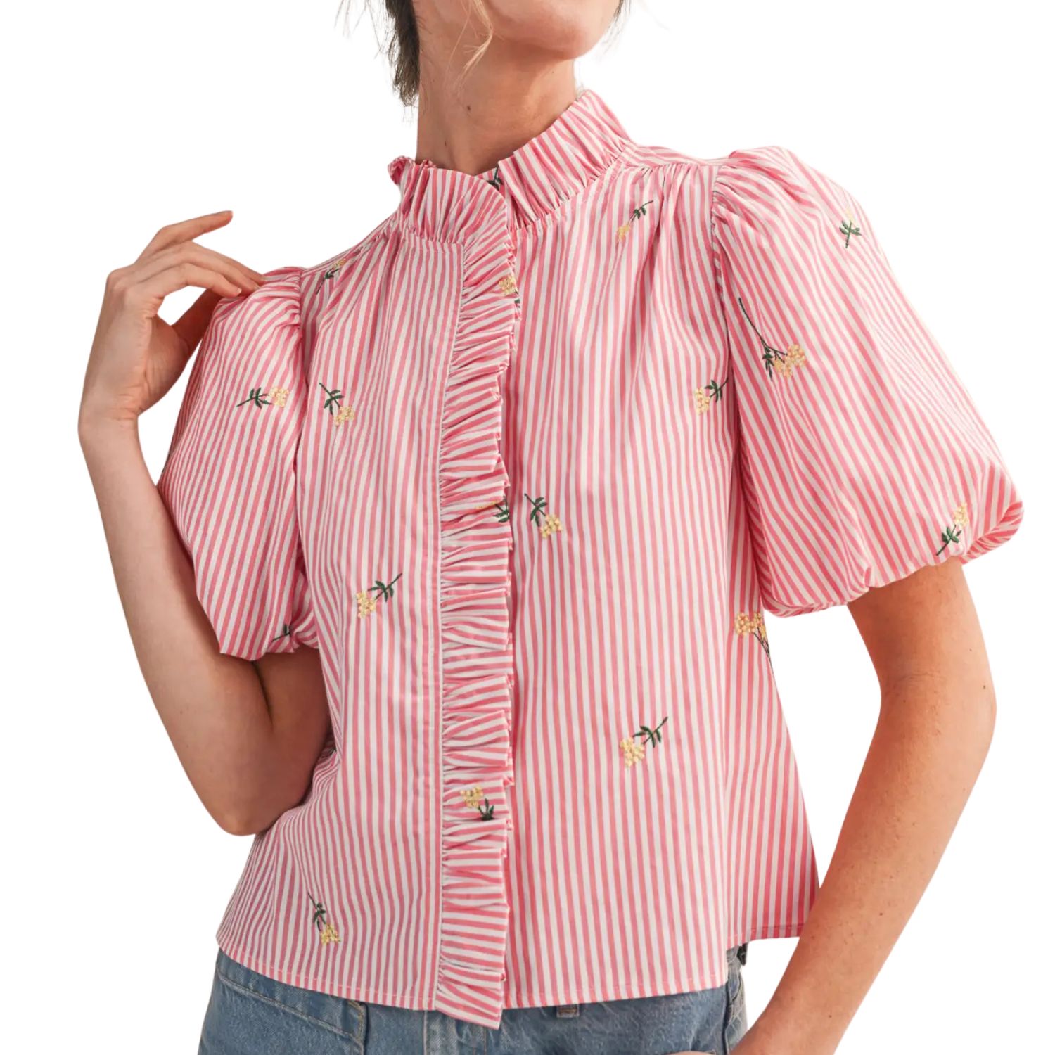 Floral Embroidery Striped Ruffled Button Down Top