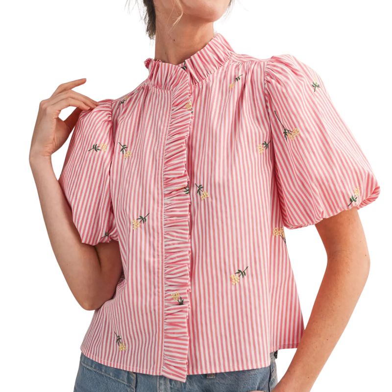 Floral Embroidery Striped Ruffled Button Down Top