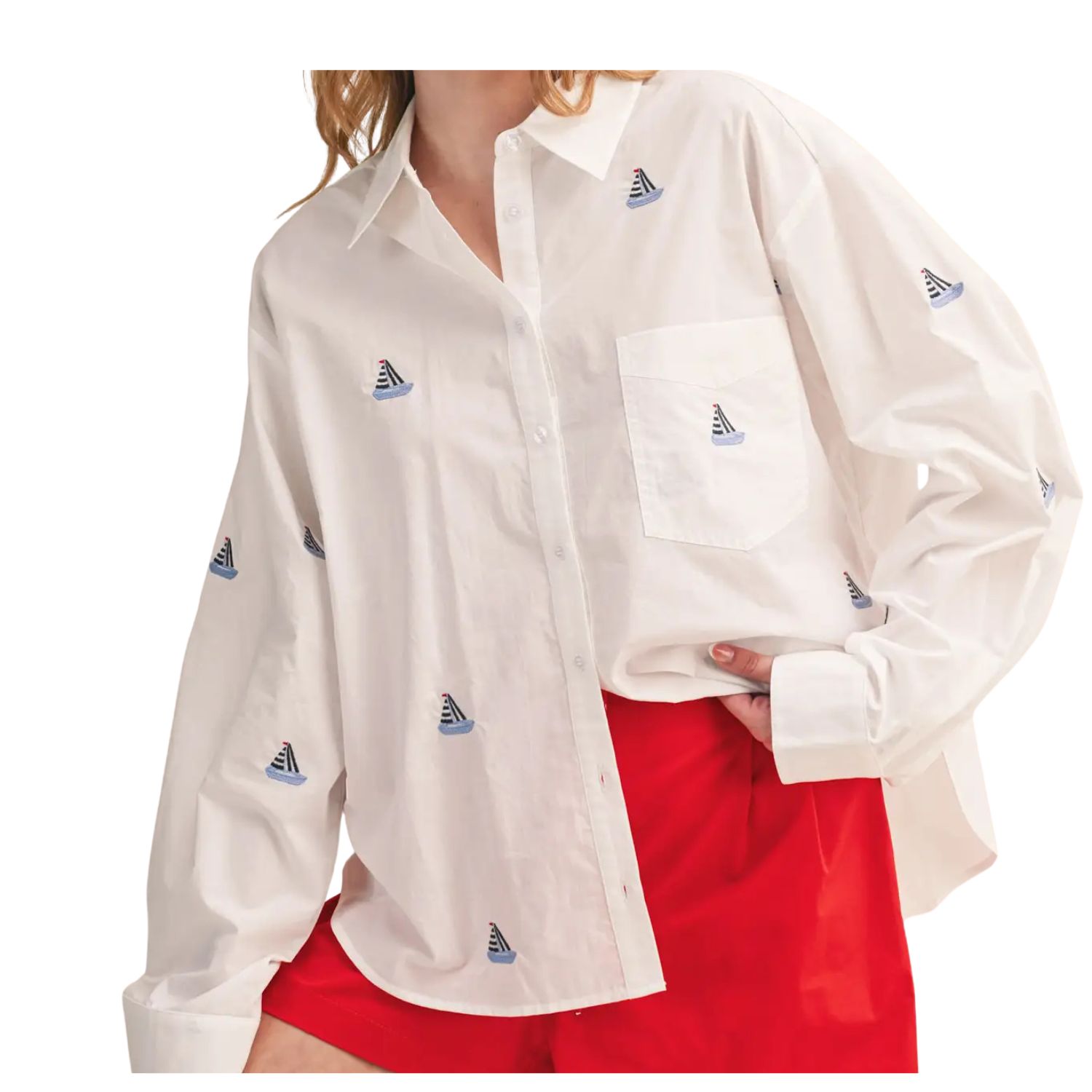 Sailboat Embroidery Button Down Shirt