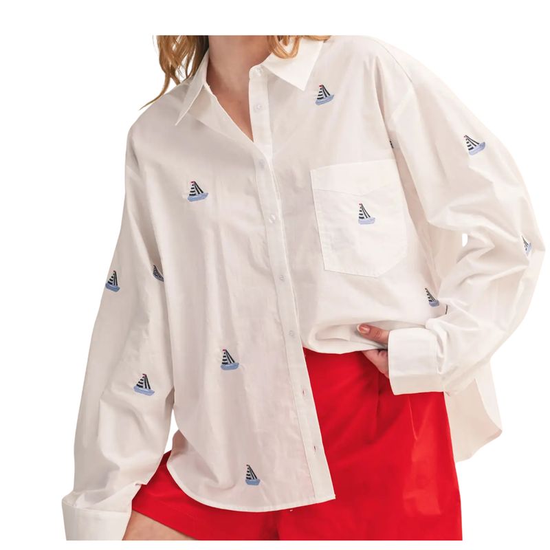 Sailboat Embroidery Button Down Shirt