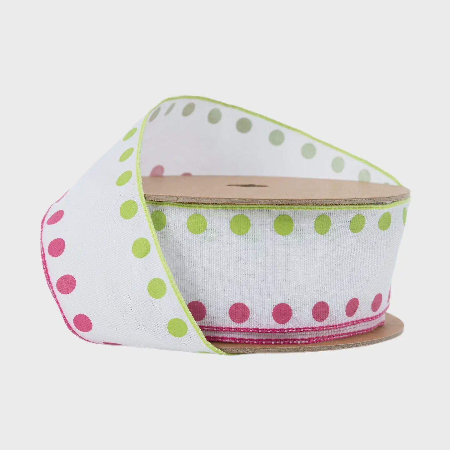 Candy Dot Wired Ribbon – Pink &amp; Green 1.5" x 10 Yards