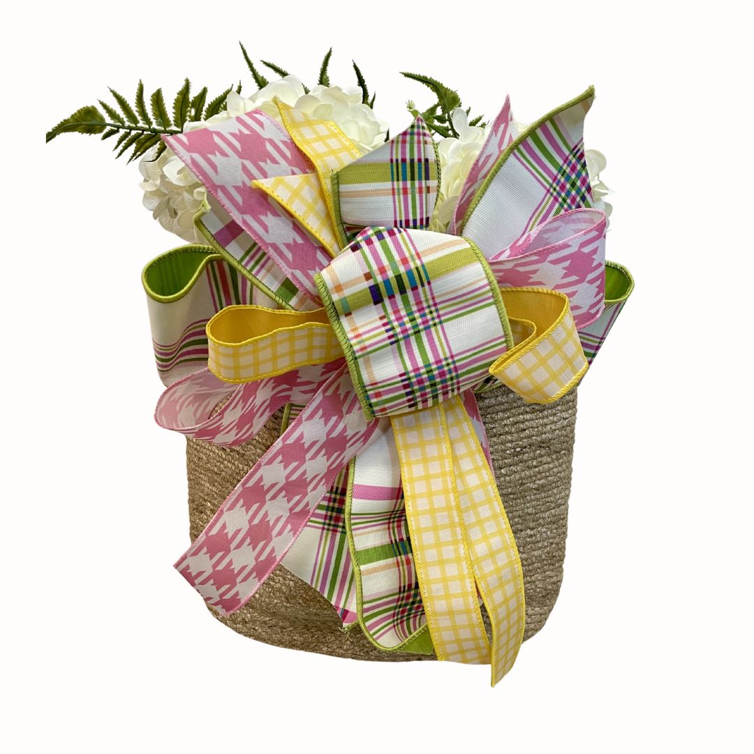 Woven Basket with Yellow Checkered &amp; Green Pink Ribbon Greenery– Approx. 27"x32"