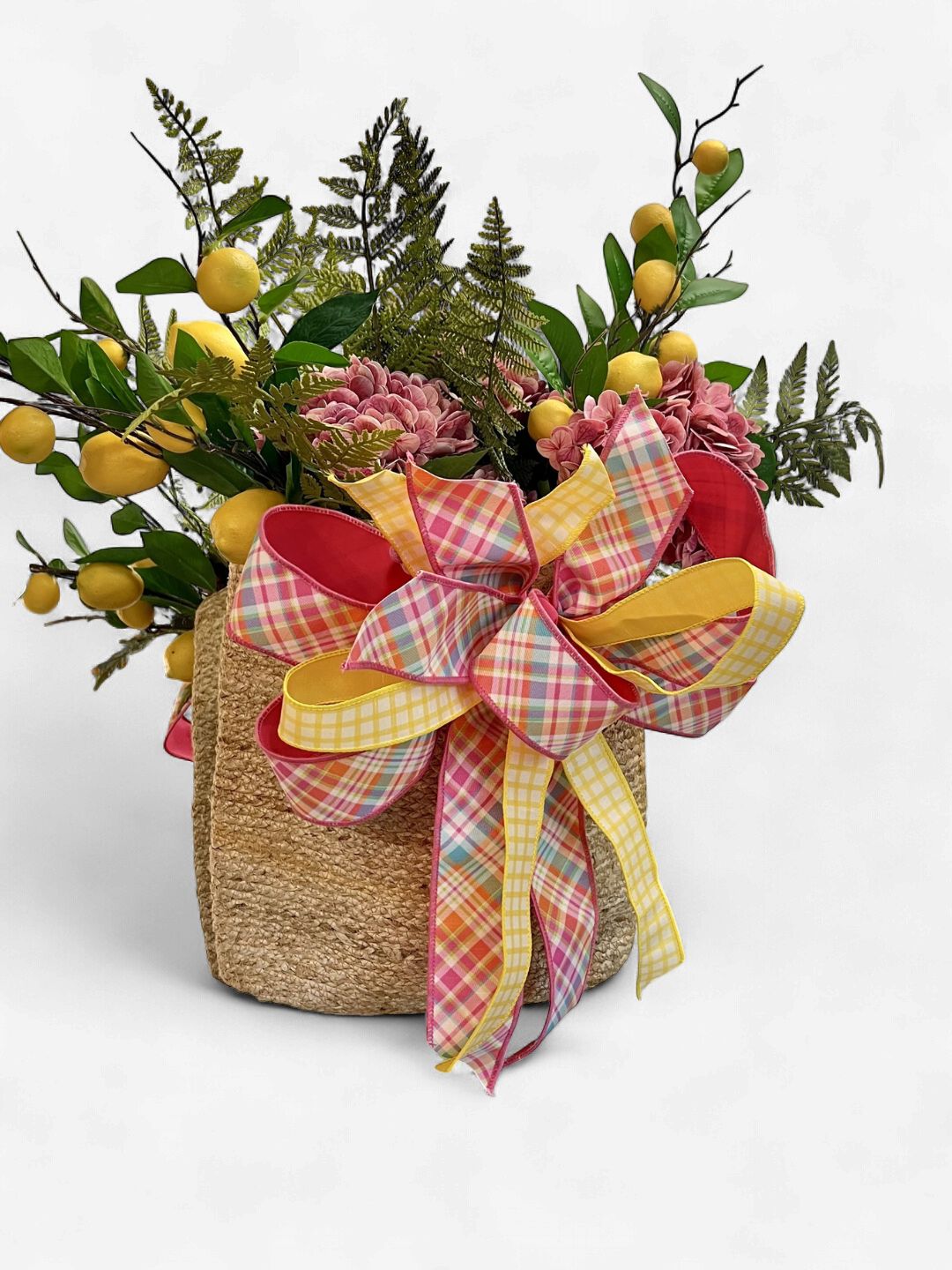 Lemon &amp; Greenery Woven Basket with Pink &amp; Yellow Pastel Bow – Approx. 27” x 32”