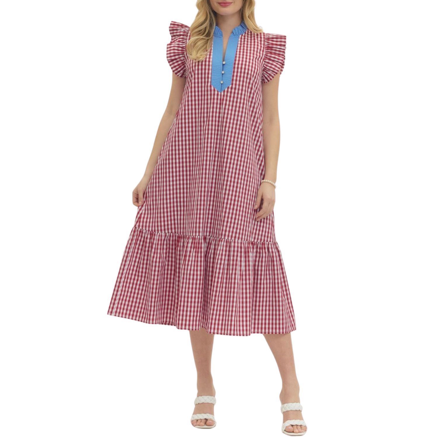 Red Gingham Flutter Sleeve Midi Dress