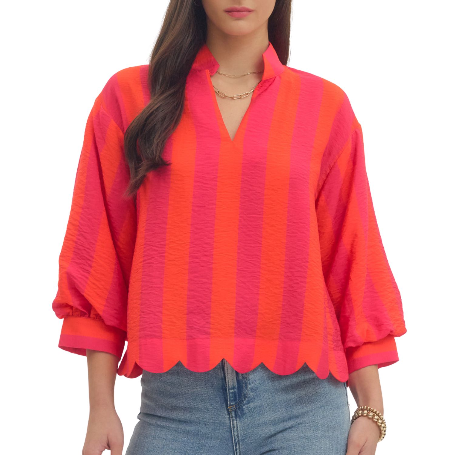 Neon Pink &amp; Orange Scalloped Stripe Blouse