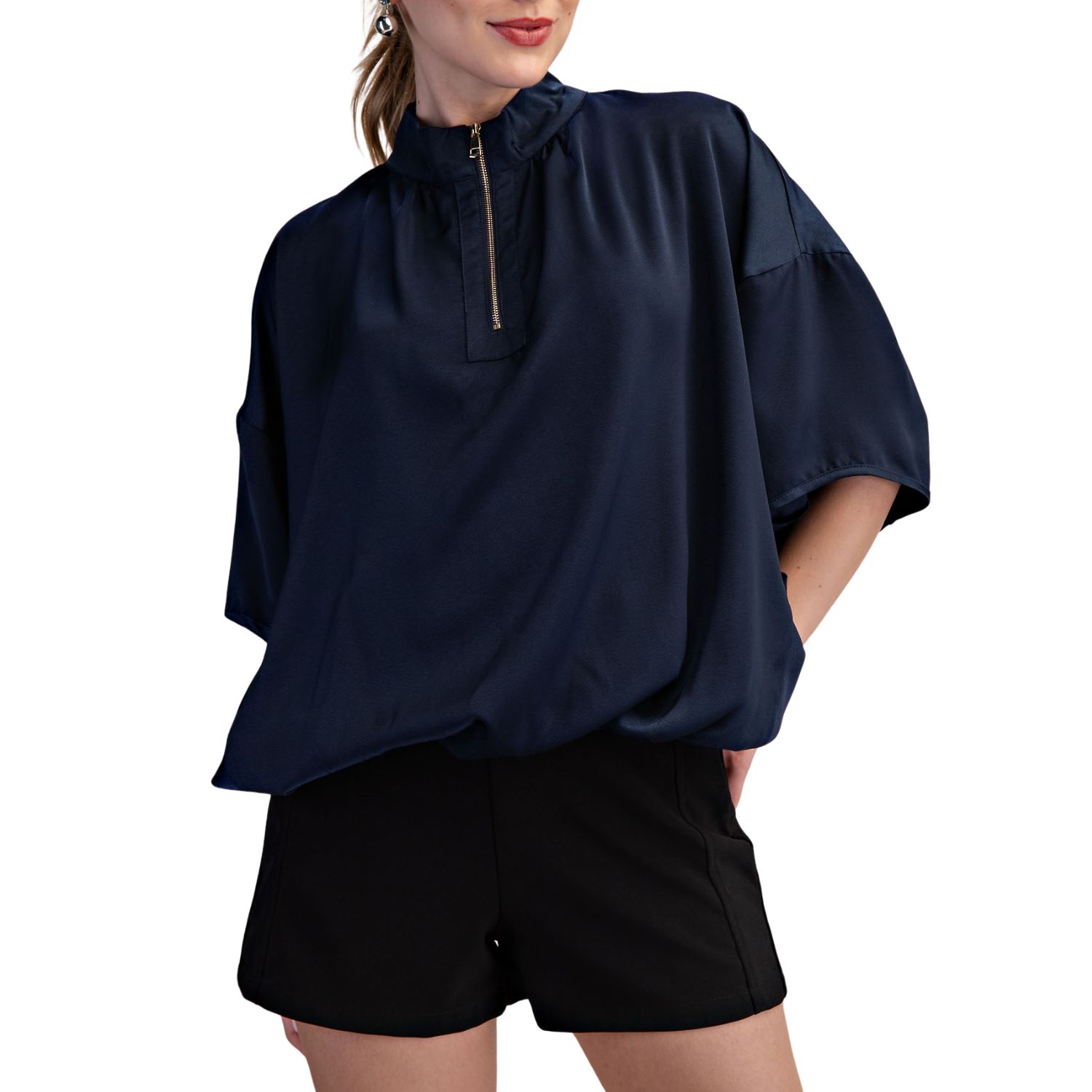 Half Zip Satin Top - Navy