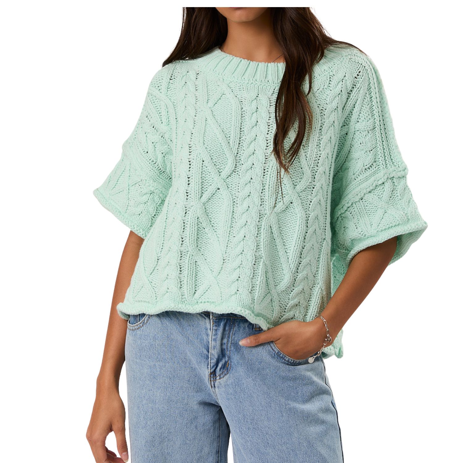 Round Neck Short Sleeve Cable Knit Sweater Top – Mint
