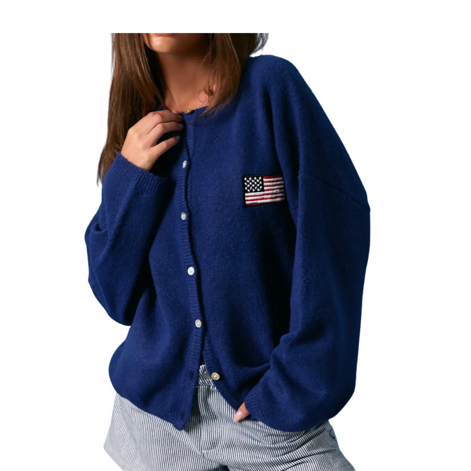 Long Sleeve Crew Neck USA Flag Embroidered Sweater Cardigan