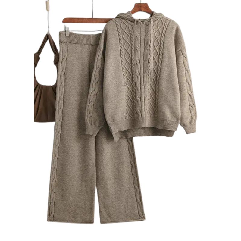 Taupe Cable Knit Hoodie &amp; Wide Leg Pant Set - One Size