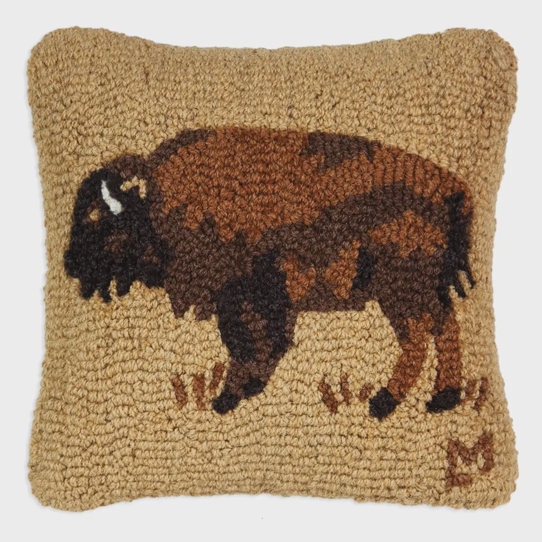 Gold Buffalo Hooked Pillow 14" x 14"