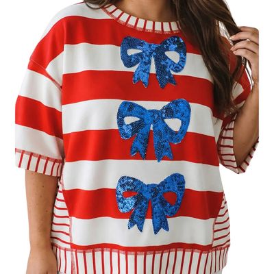 Stripe Sequin Bow Patriotic Half Sleeve Top