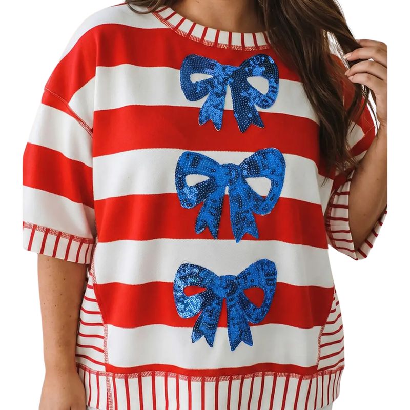 Stripe Sequin Bow Patriotic Half Sleeve Top