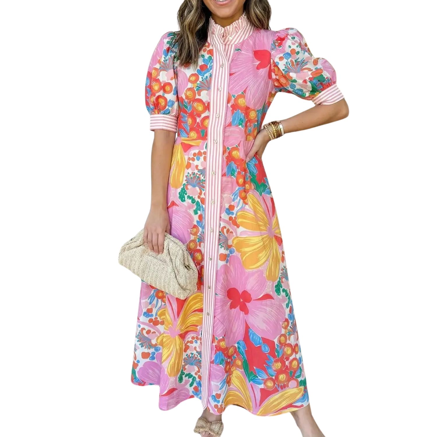 Las Floral Striped Trim Button Down Vacation Dress