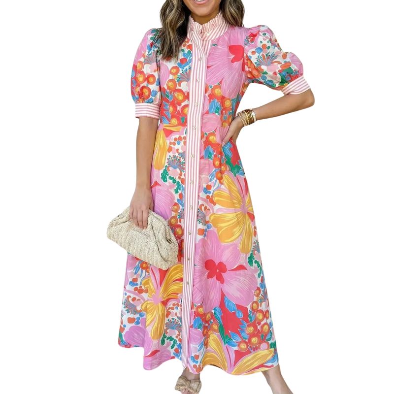 Las Floral Striped Trim Button Down Vacation Dress