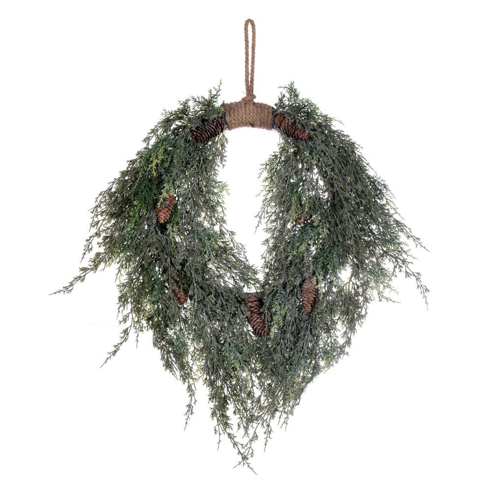 24" Artificial Frosted Cedar Hanging Wreath with Pinecones