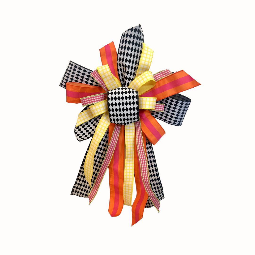 Bright Color Bow with Black &amp; White Check Ribbon – Approx. 34” Long x 18” Wide