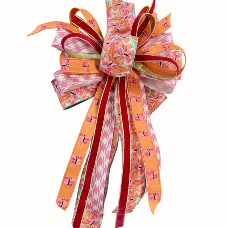Pink, Orange &amp; Red Butterfly Bow with Gold Accents – Approx. 32” Long x 18” Wide