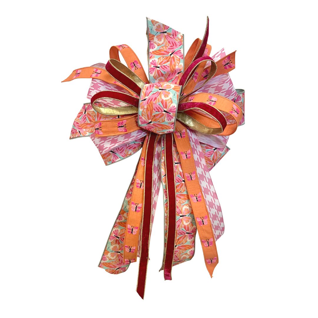 Fushia, Orange &amp; Pink Butterfly Bow with Gold Accents – Approx. 32” Long x 18” Wide