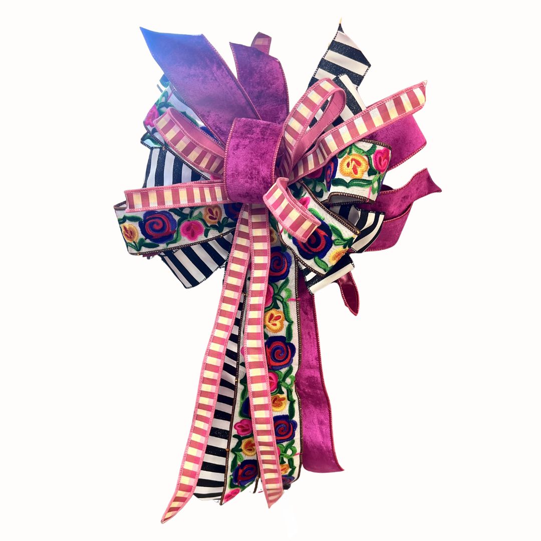Pink Velvet &amp; Floral Ribbon Bow – Approx. 27.5” Long x 16” Wide