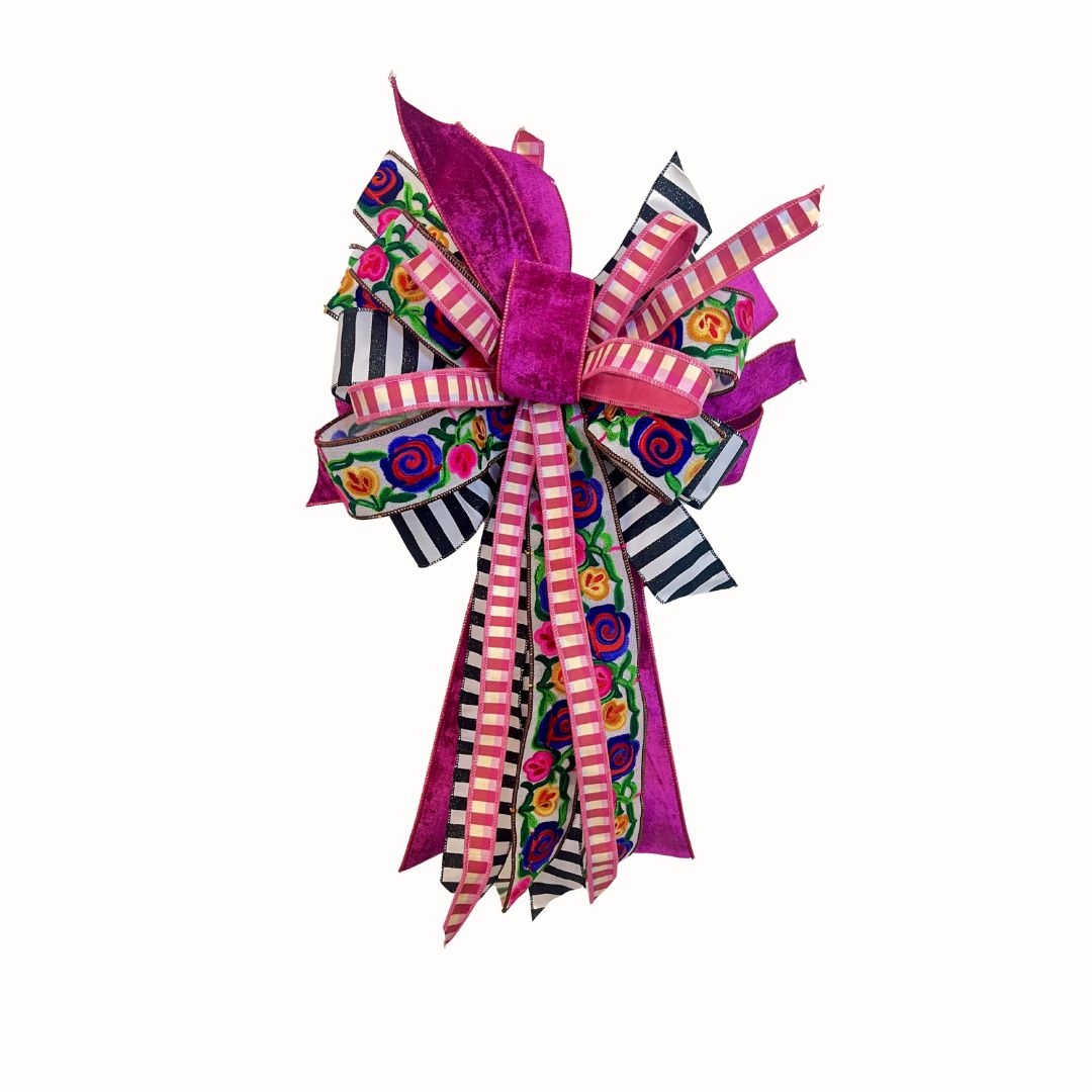 Pink Velvet &amp; Floral Ribbon Bow – Approx. 27.5” Long x 16” Wide