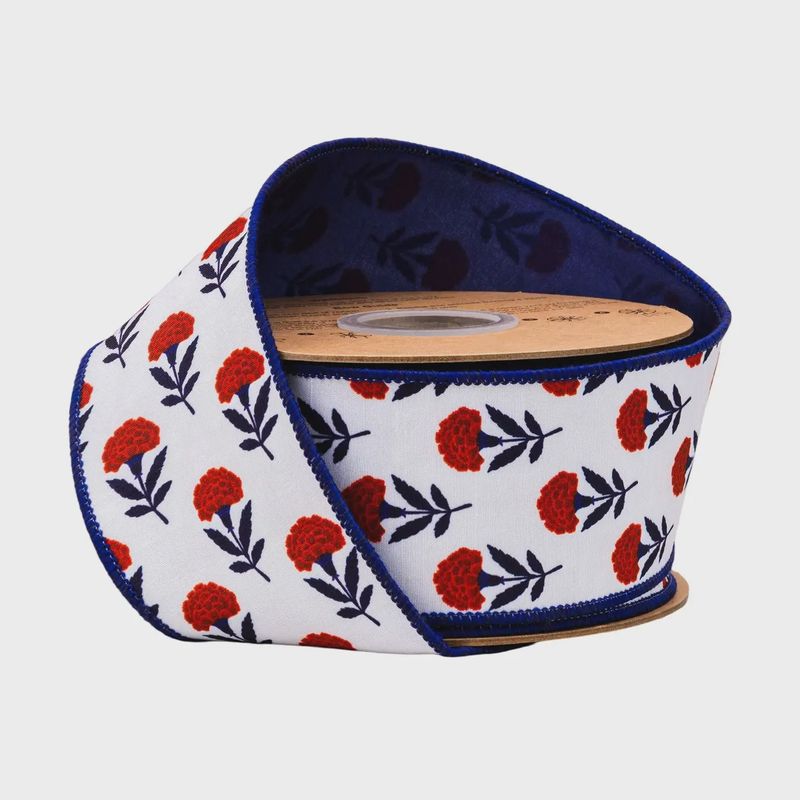 2 1/2" Wired Dupioni Ribbon | Red/White/Blue Floral w/ Blue Backing | 10 Yard Roll