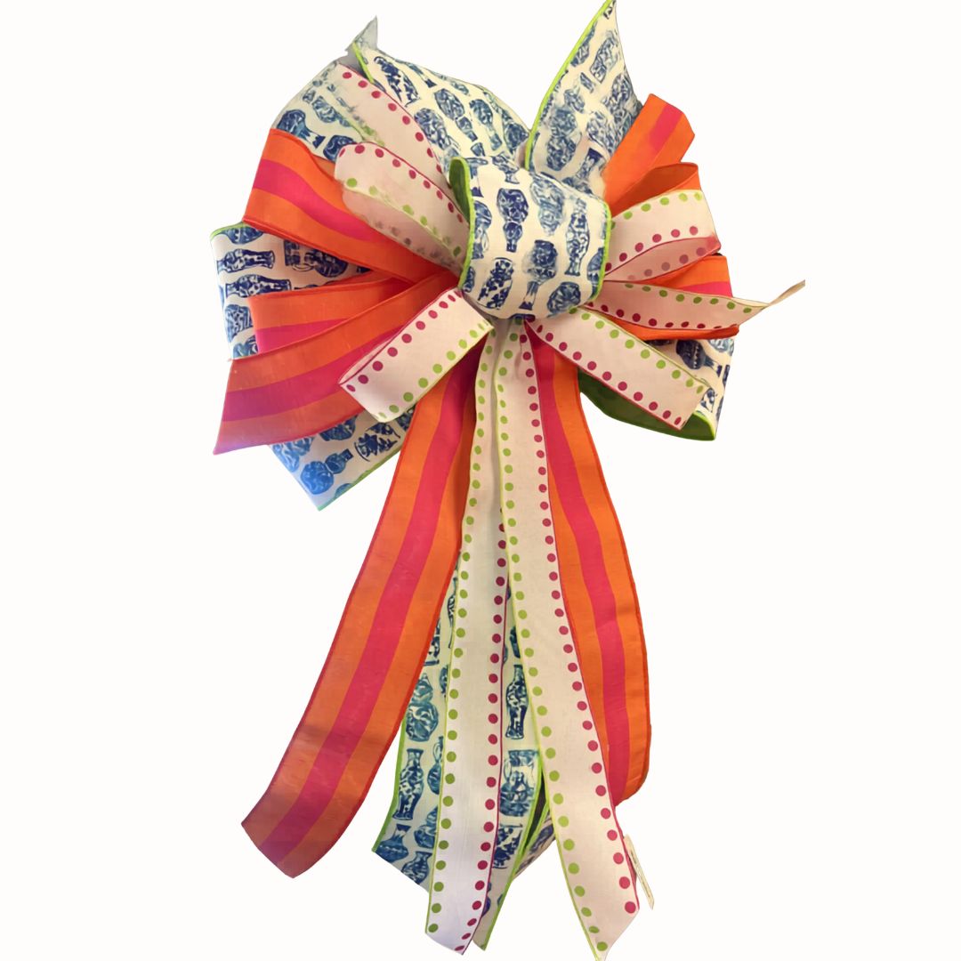 Pots &amp; Dots Bow with Blue Chinoiserie, Red &amp; Orange Stripe, and Pink &amp; Green Dot Ribbon – Approx. 28” Long x 20” Wide