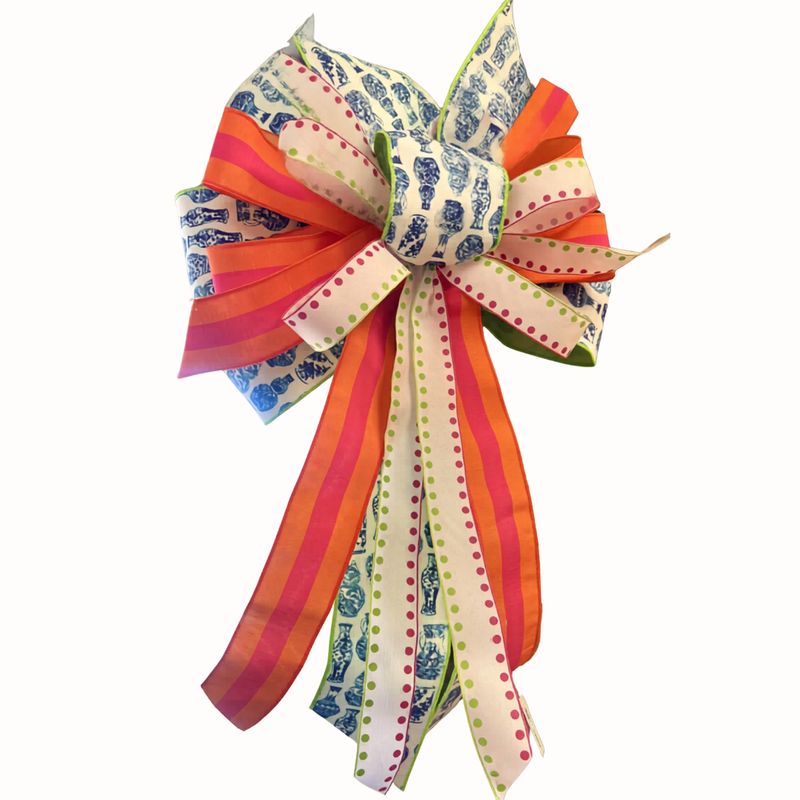 Pots &amp; Dots Bow with Blue Chinoiserie, Red &amp; Orange Stripe, and Pink &amp; Green Dot Ribbon – Approx. 28” Long x 20” Wide