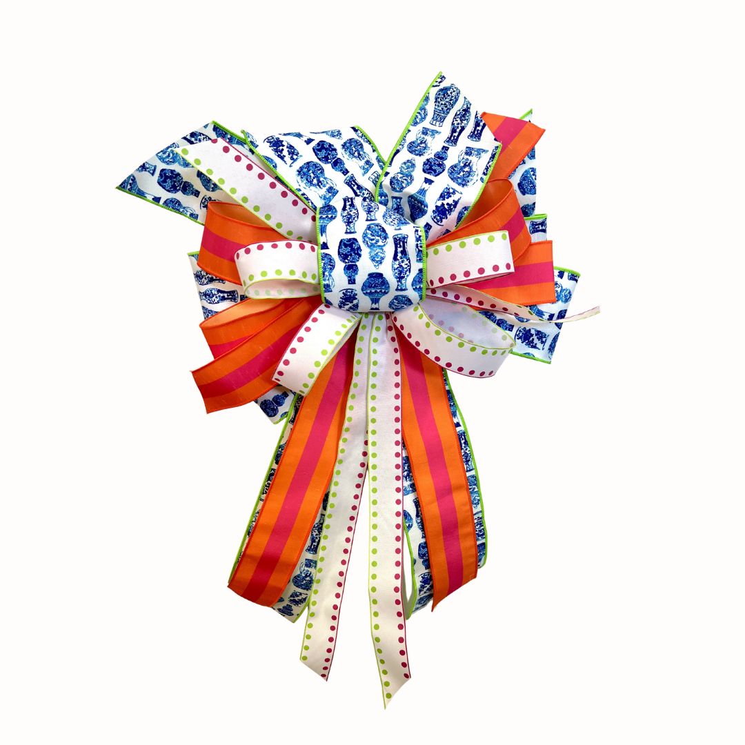 Bow with Blue Chinoiserie, Pink &amp; Orange Stripe, and Pink &amp; Green Dot Ribbon – Approx. 28” Long x 20” Wide